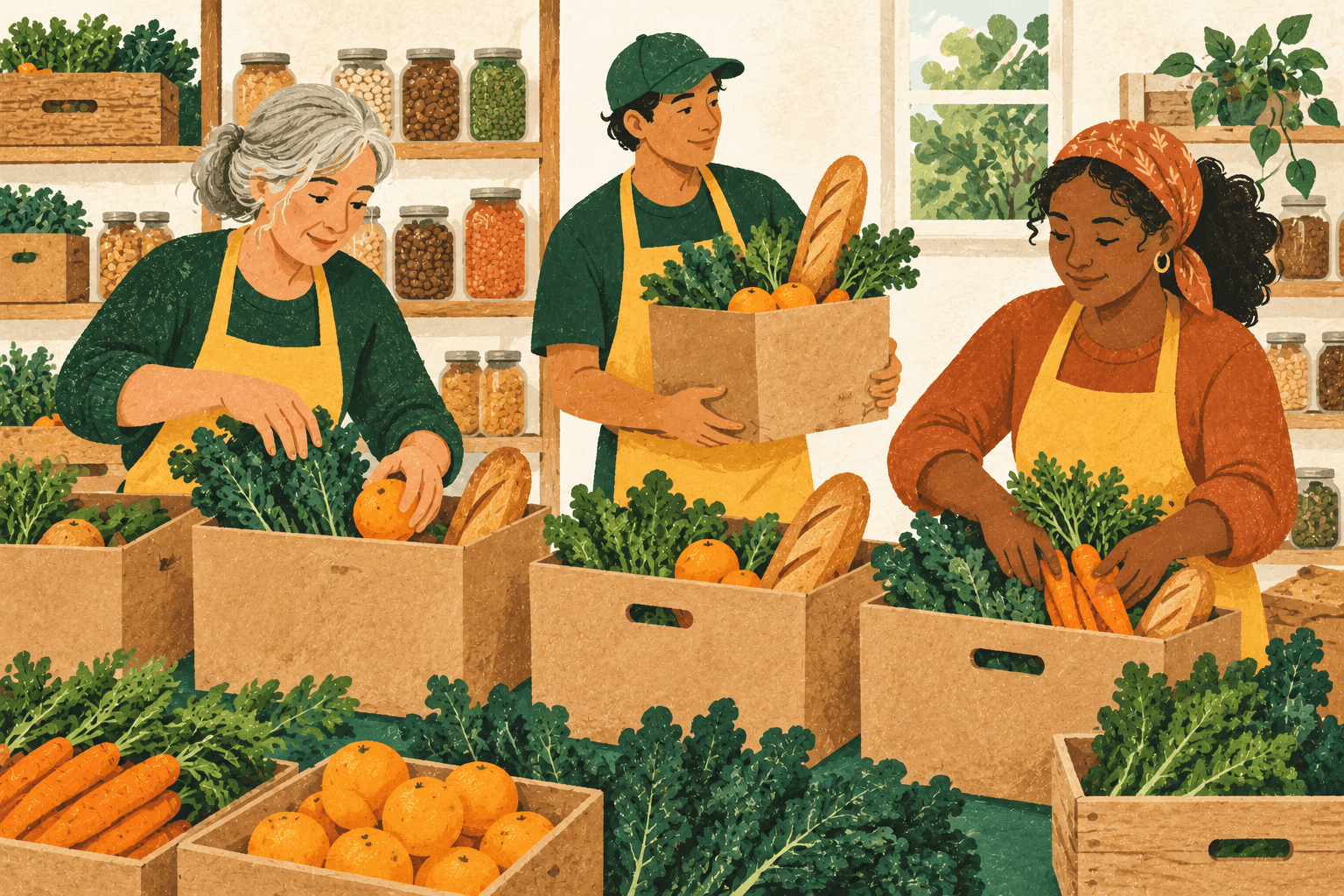 Illustration of three food bank volunteers packing fresh produce and bread into grocery boxes