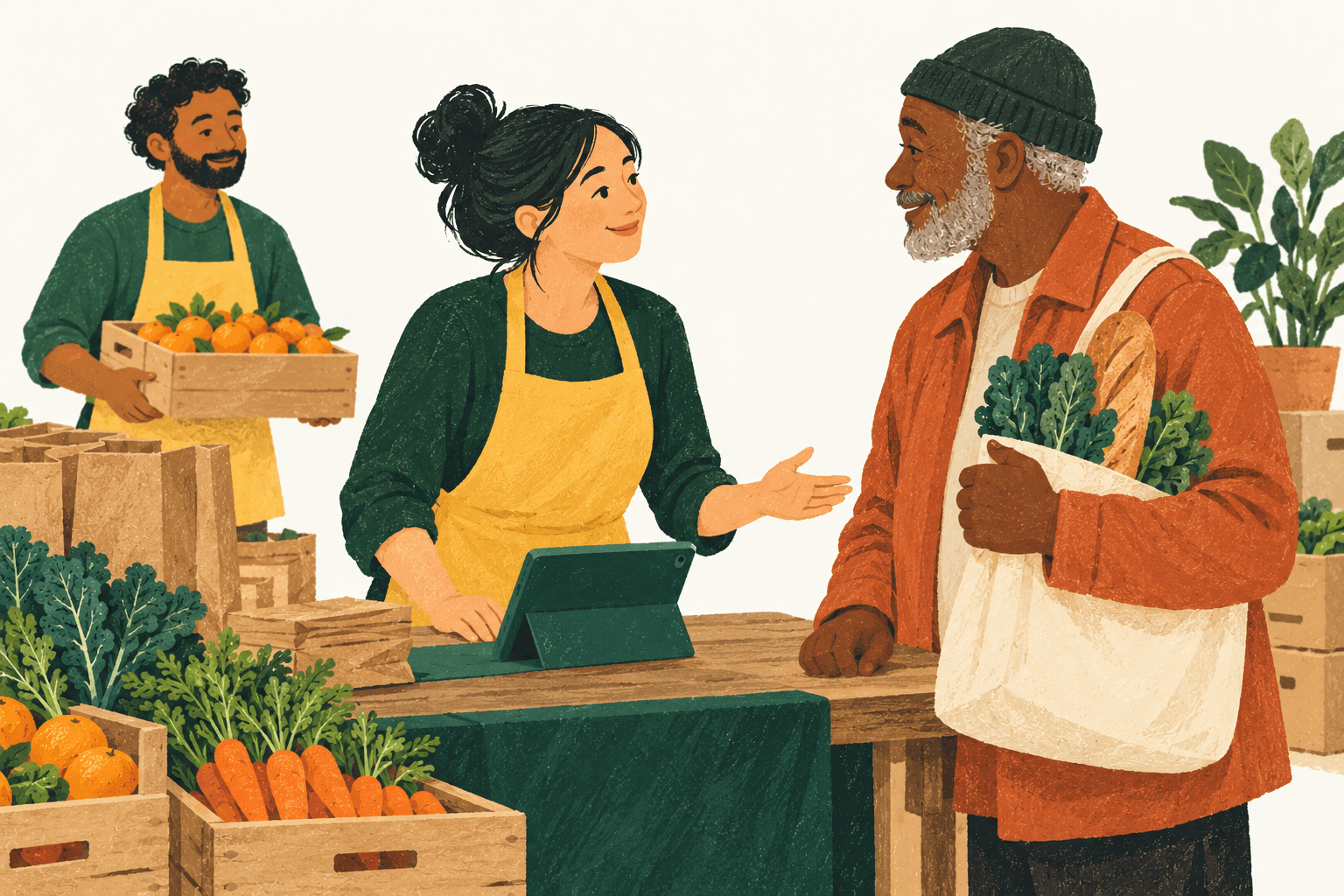 Illustration of a volunteer welcoming an older neighbor at the pantry table