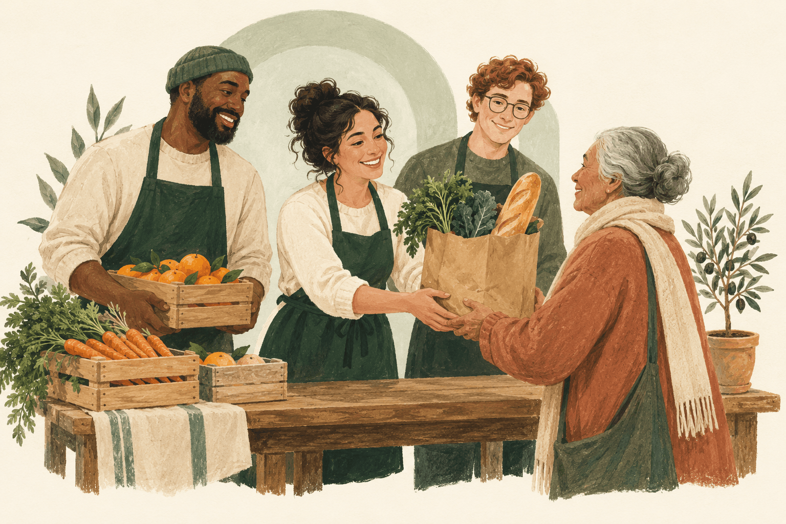 Illustration of food pantry volunteers sharing fresh groceries with a neighbor