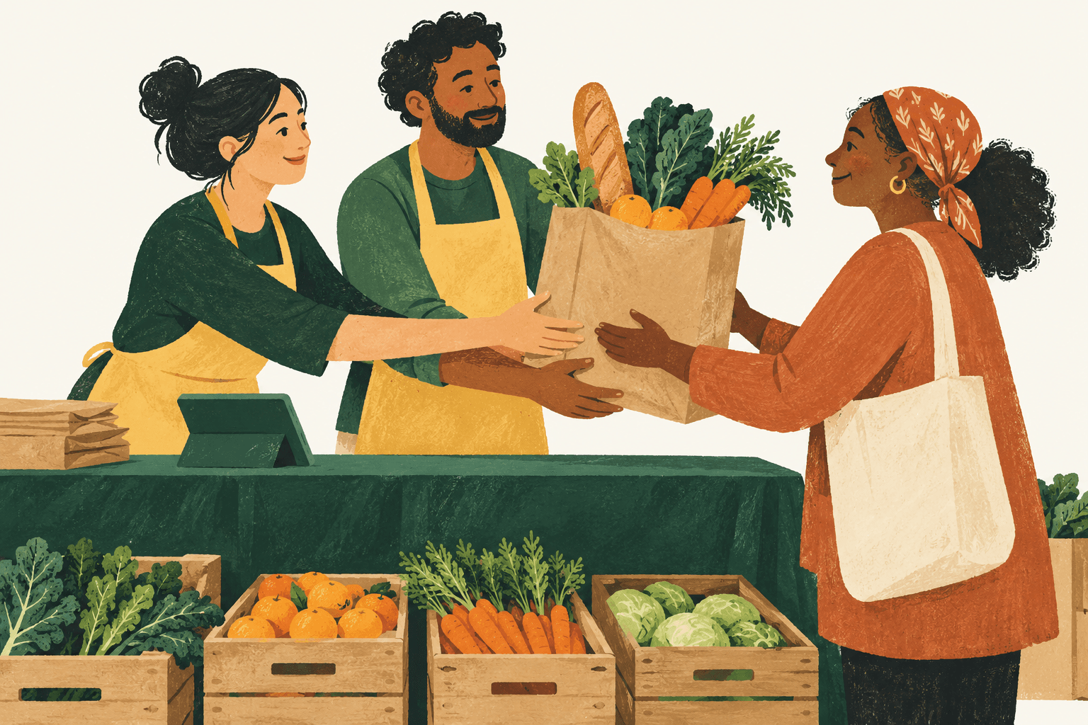 Illustration of volunteers welcoming a neighbor with a bag of fresh groceries