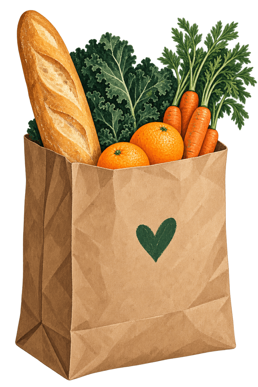Illustration of a grocery bag filled with bread, vegetables, and oranges